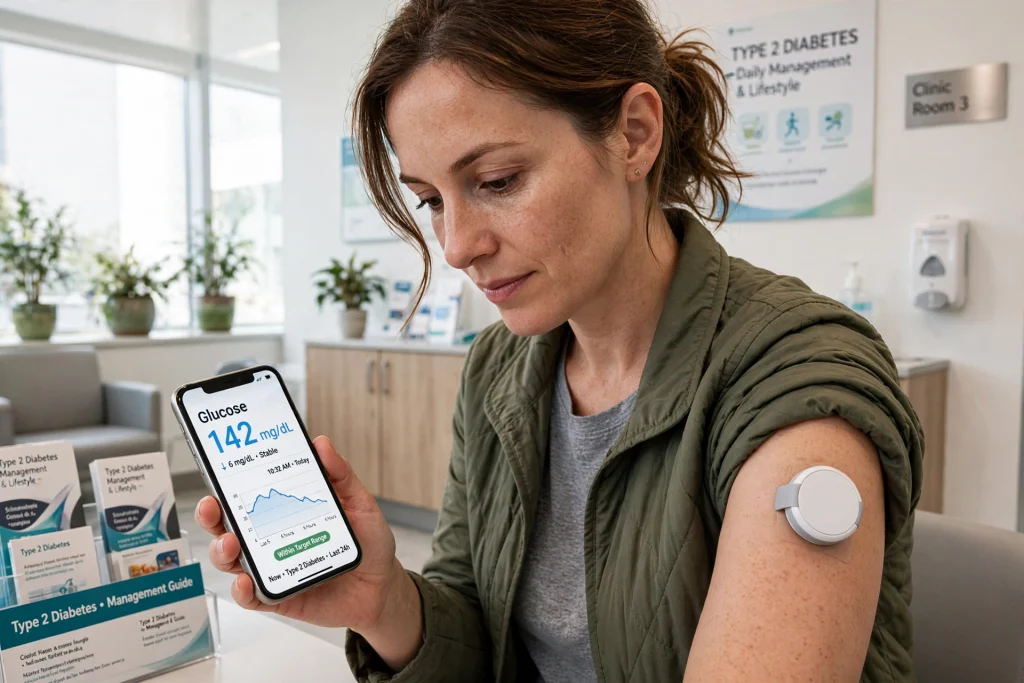 Person with type 2 diabetes wearing a continuous glucose monitor and checking readings on a smartphone
