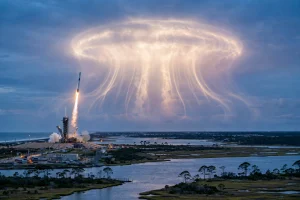 SpaceX rocket launch creating a glowing jellyfish cloud at twilight over the US East Coast